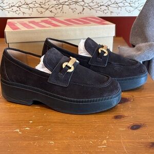 Fitflop Black Suede Loafers with Gold Buckle